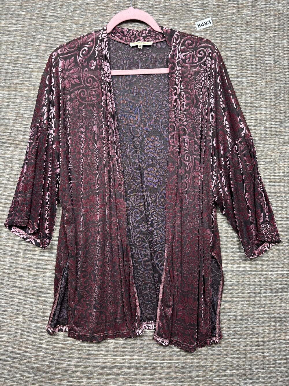 Andree By Unit Embroidered Velvet Open Front Cardigan Sweater Size S Burgundy